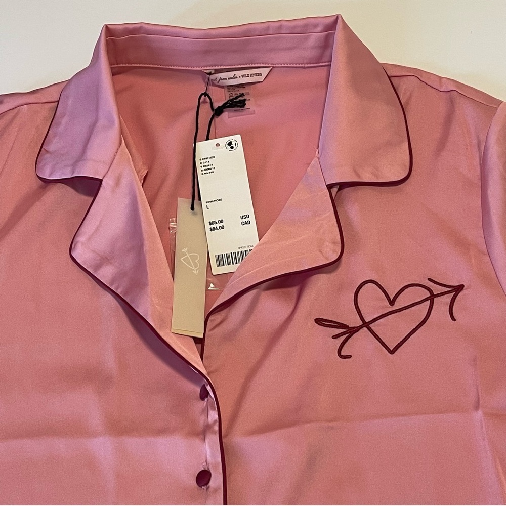 Out From Under x Wild Lovers Pink Pajama Shirt Button Down Heart Satin Large - Picture 8 of 14